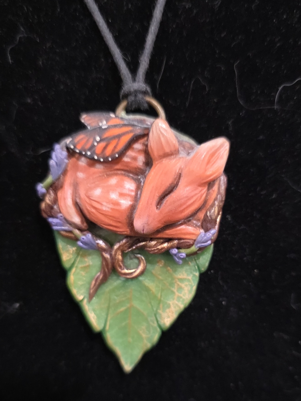 Handcrafted Orange Fox Pendant Necklace with Green Leaf